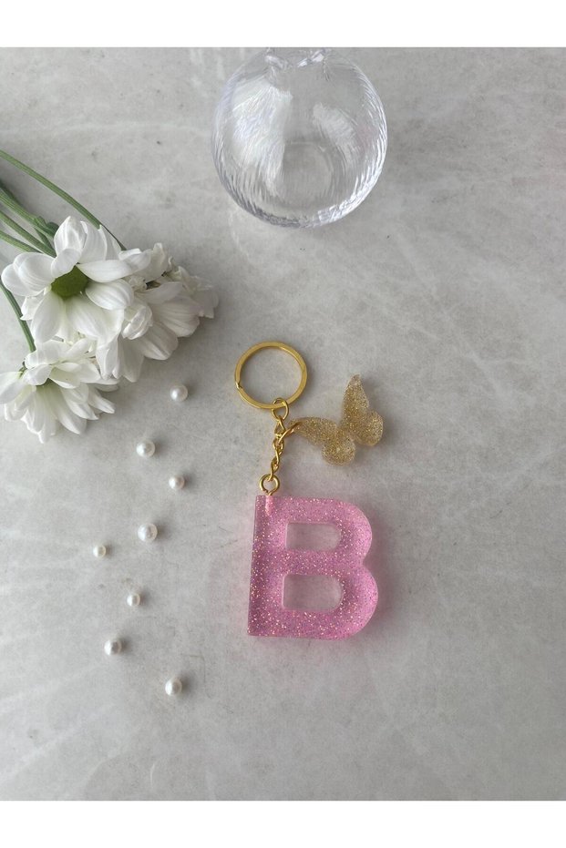 Letter B Pink Glitter Keychain & Charm [with Pompom Option]