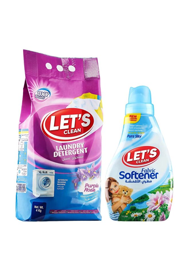 Laundry Automatic Detergent Powder Purple Rose 4kg And Fabric Softener Pure Sky 1L