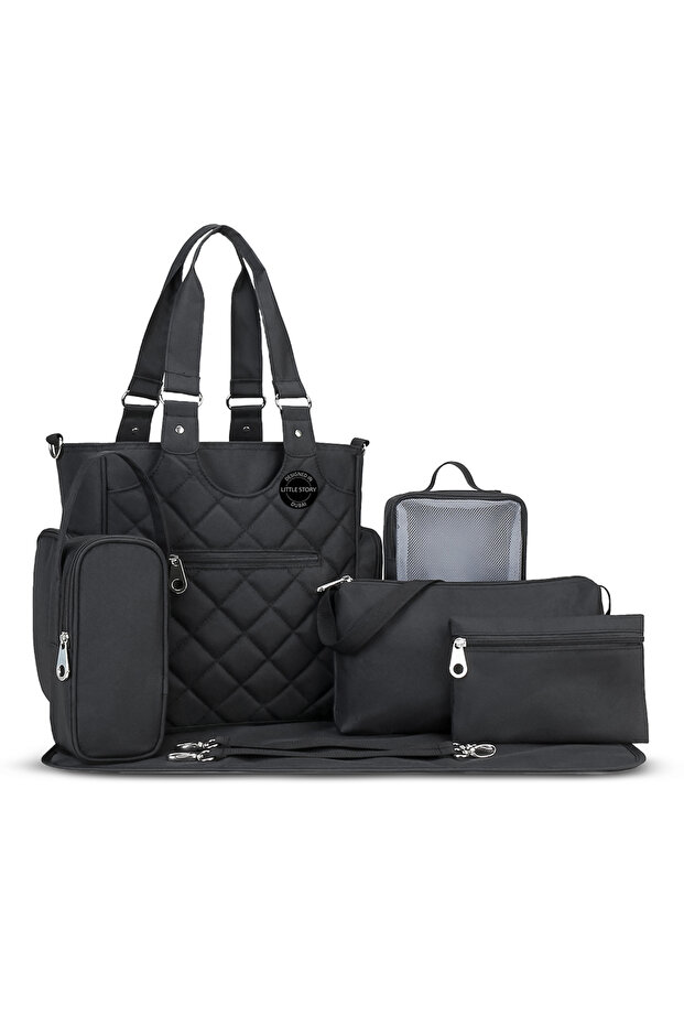 Set of 7 - Quilted Diaper Bag with Stroller Straps and Changing Mat - Black