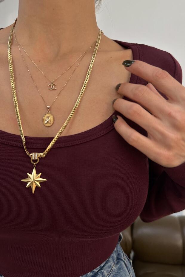 بلوزة أساسية برقبة دائرية باللون الأحمر الداكن - 2