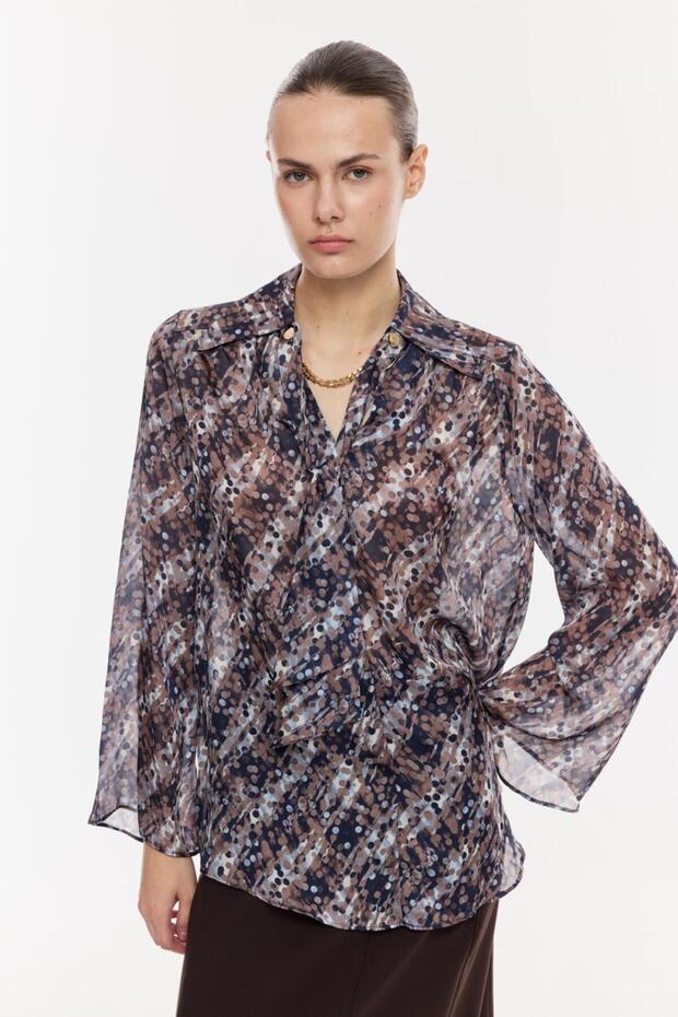 Desenli Şifon Drapeli Bluz - 8