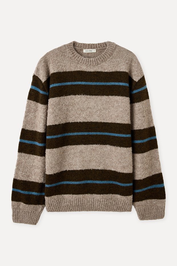Men's Beige Loose Fit Striped Wool Blend Sweater