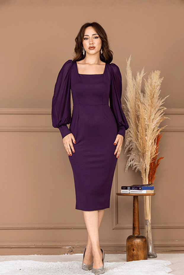 Crepe Square Collar Pencil Long Dress - Patlican Purple