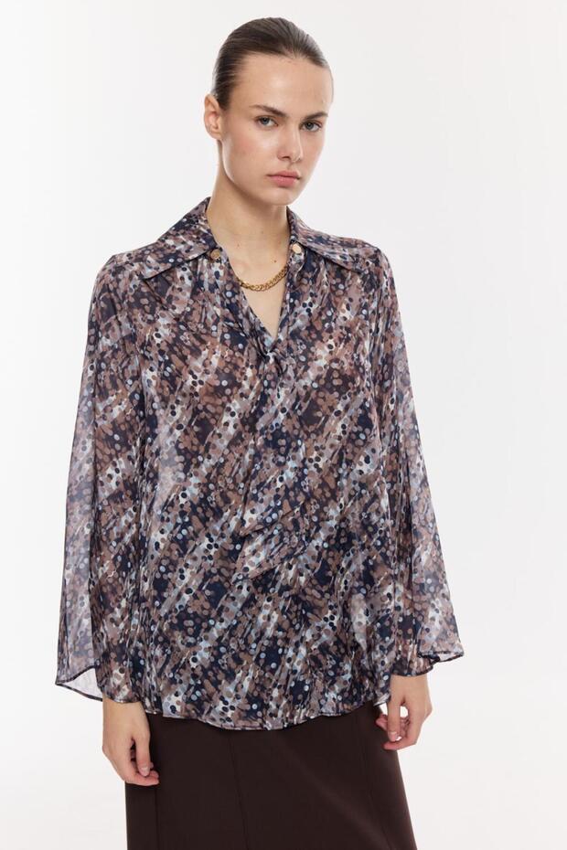 Desenli Şifon Drapeli Bluz - 6