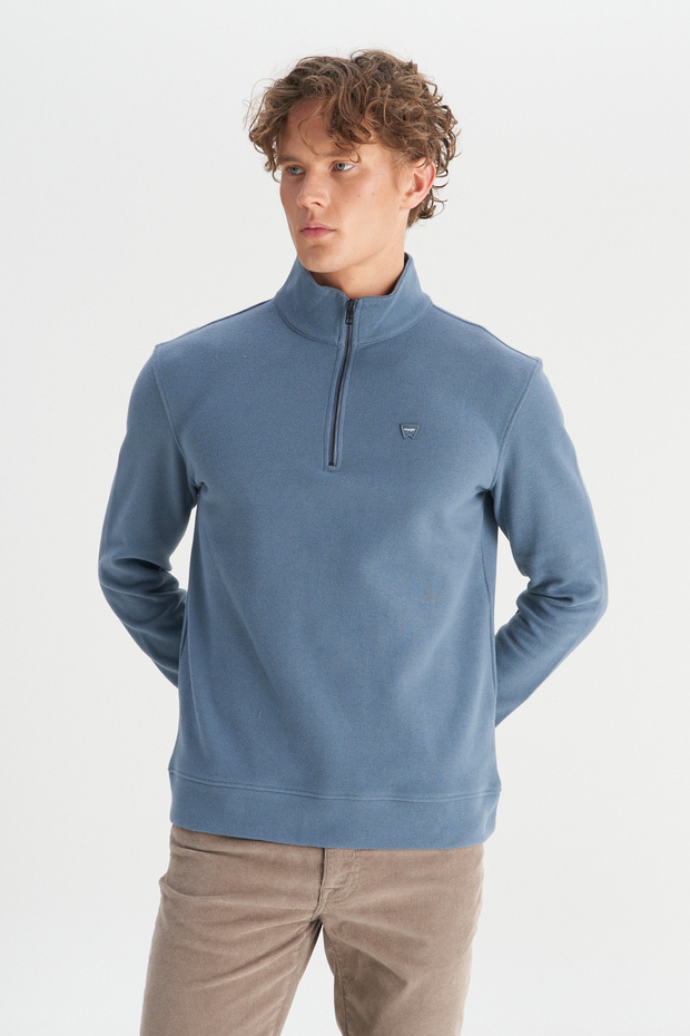 Cotton Regular Fit Stand Collar Zippered Thessaloniki Knit Sweatshirt