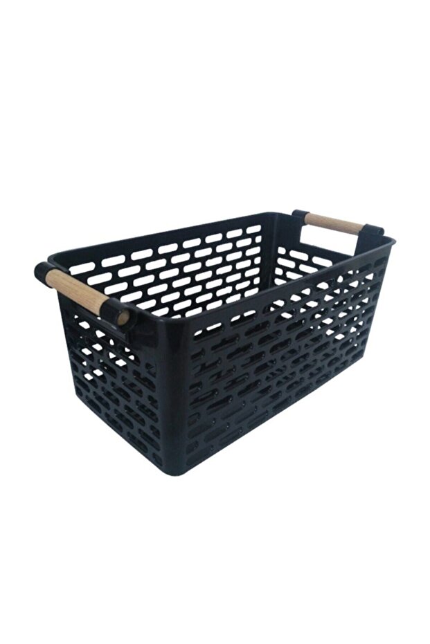 Refrigerator Organizer Black, Plastic Organizer Basket with Wooden Handle