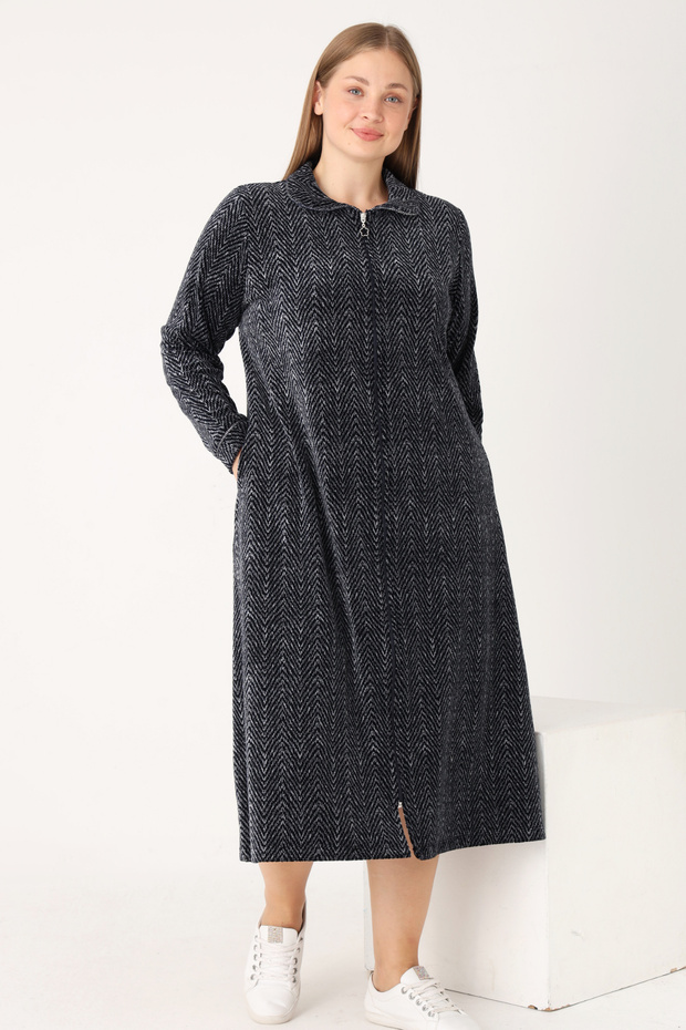 Women's Plus Size Navy Blue Patterned Long Sleeve Zippered Cotton Velvet Dress