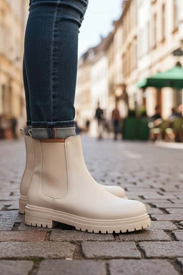 Beige Women's Chelsea Boots with Elastic Sides and Fur Inside P255Nav