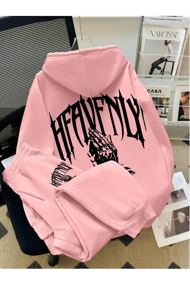 Unisex Men's and Women's Heaven Printed Oversize 3 Thread Hooded Tracksuit Set