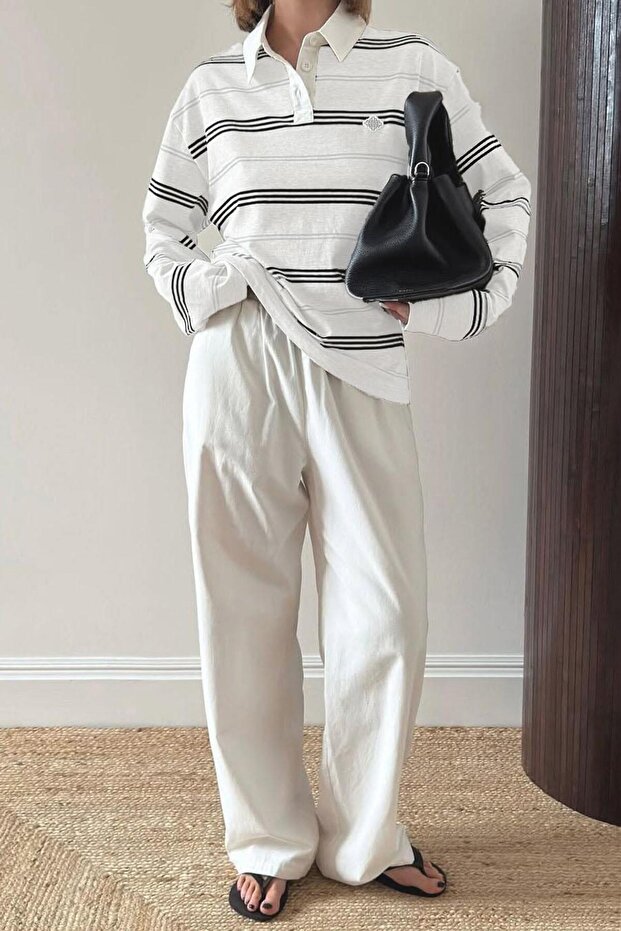 Ecru Polo Neck Striped Women's Sweatshirt Sh297