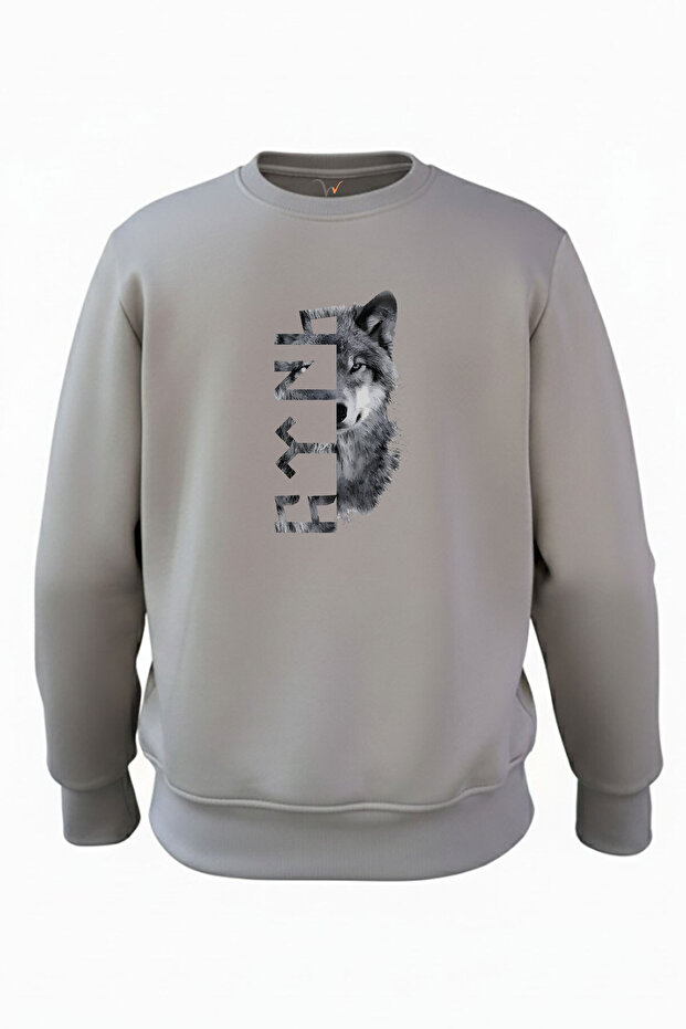 Türkiye Bozkurt Göktürkçe Turkish Script and Wolf Printed Regular Fit 3-Thread Ribbed 100% Cotton Sweatshirt