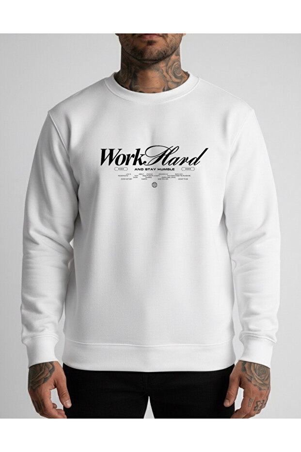 Crew Neck Oversize Men's Sweatshirt Work Hard Print