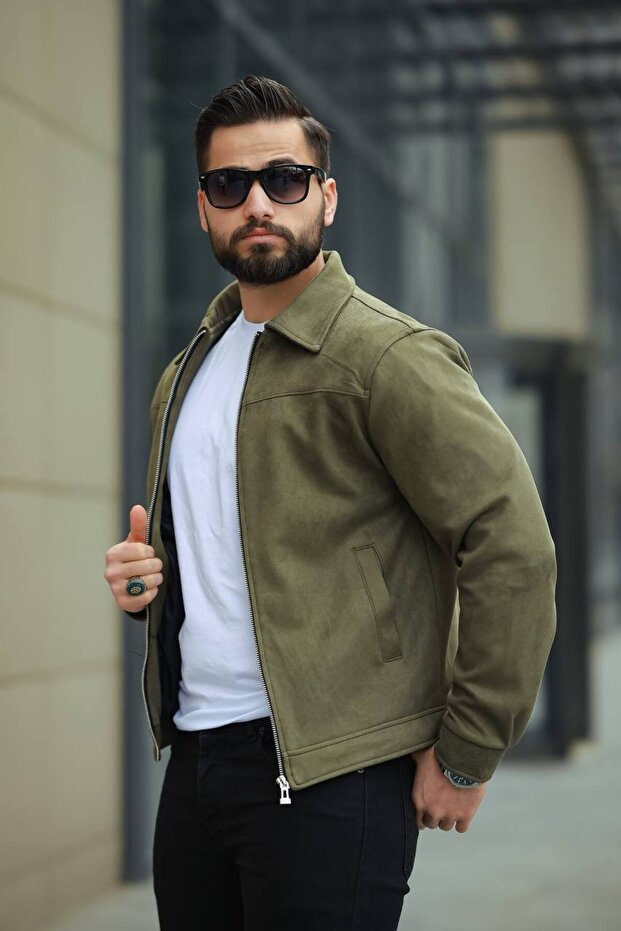 Basic Comfortable Polo Collar Suede Jacket - 1