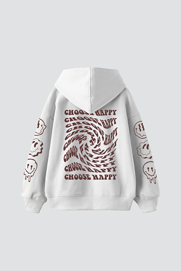 Choose Happy Printed Oversize Unisex White Hoodie