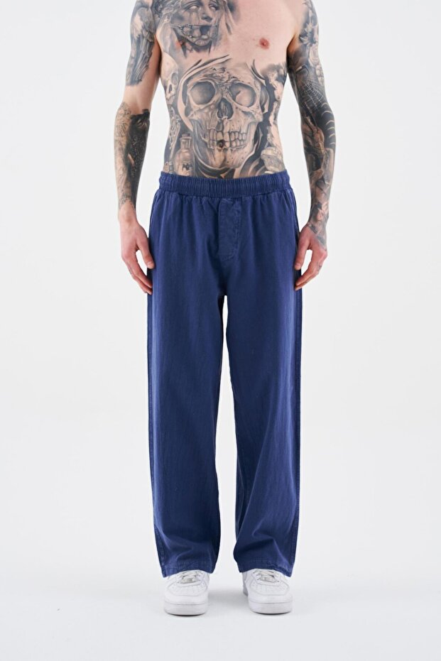 Erkek Effected Yıkamalı Basic Midnight Mavi Eşofman Altı - 1