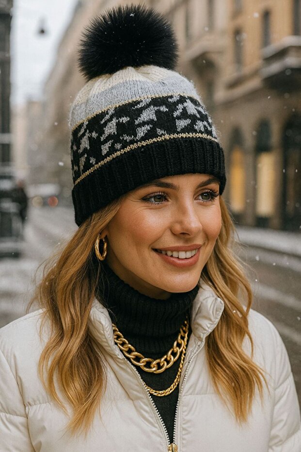 Black Patterned Pompom Women's Beret