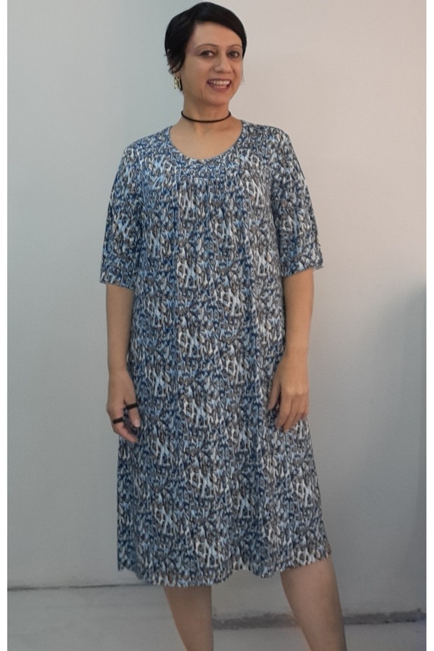 Blue Indigo Patterned Knee-Length Short-Sleeved Combed Viscose T-Shirt with Cut-Out Drawstring at the Front and Back. - 1