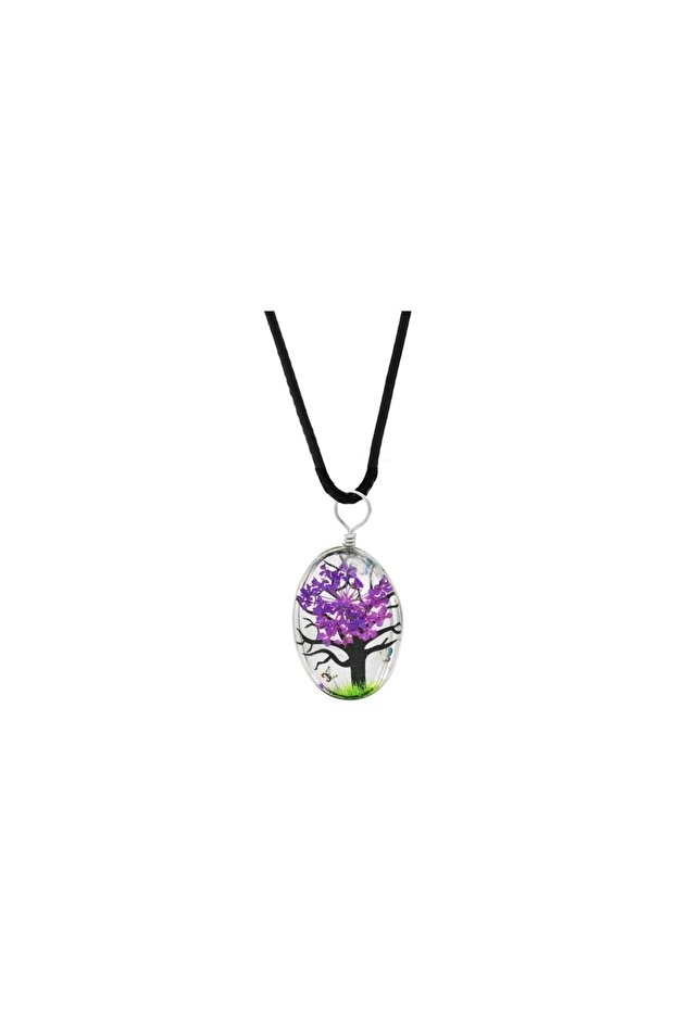 Handmade, Oval Design Epoxy Tree of Life Pendant with Dried Flowers