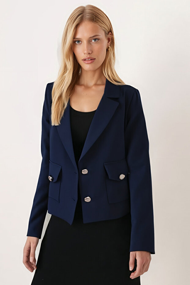 Women's Navy Blue Men's Collar Square Pocket Lined Crop Jacket Arm-26K001026