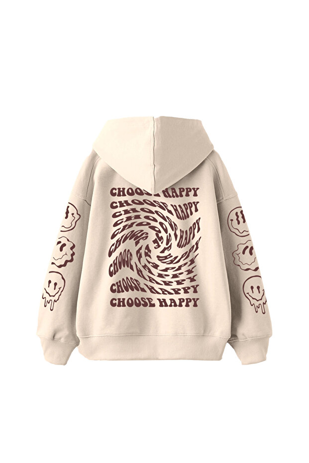 Choose Happy Printed Oversize Unisex Beige Hoodie
