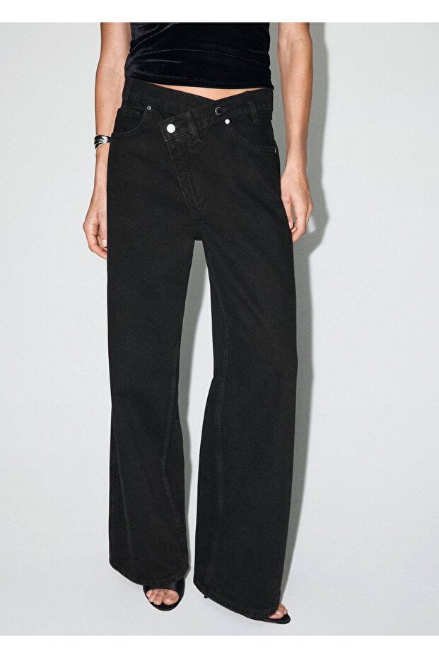 Mid-Waist Cross-Waist Wide-Leg Jeans
