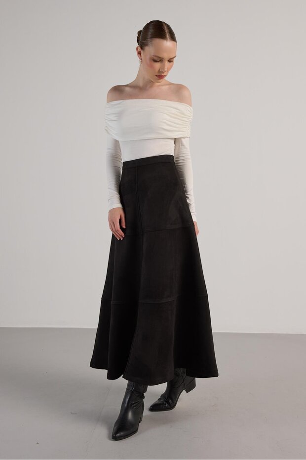 Women's Black Piece Diving Suede Long Skirt 30040