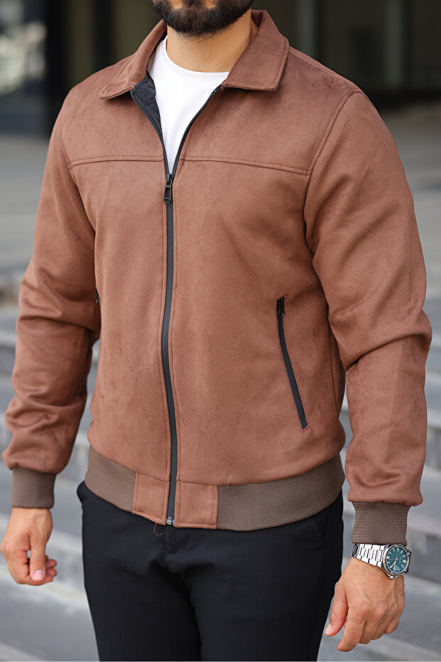 سترة موسمية من الجلد السويدي بتصميم أنيق أساسي مع أشرطة مضلعة - 5