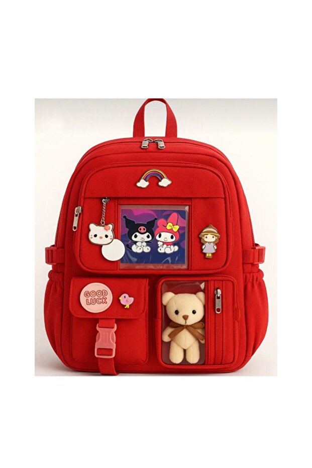 Kawaii Korean Style Plush and Nutrition Gifted and (Without Badge) School Backpack Red