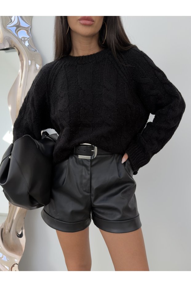 Knitted Detailed Crew Neck Oversize Sweater