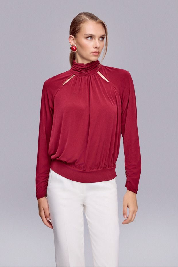 Pencere Detaylı Örme Bordo Bluz - 1