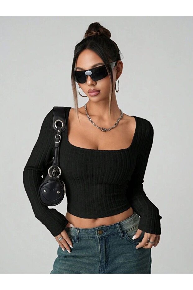 Women's Black Ribbed Knitted Fabric Long Sleeve Bodysuit