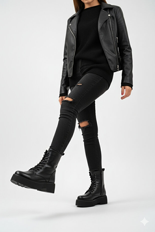 Women's Black Lace-Up Combat Thick Boots