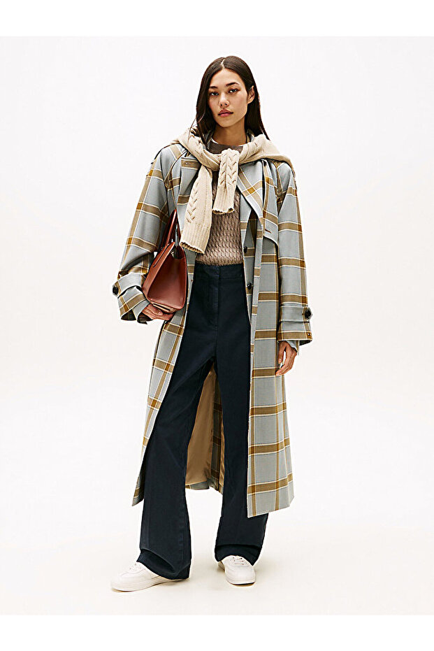 kadın light wool check trençkot - 1