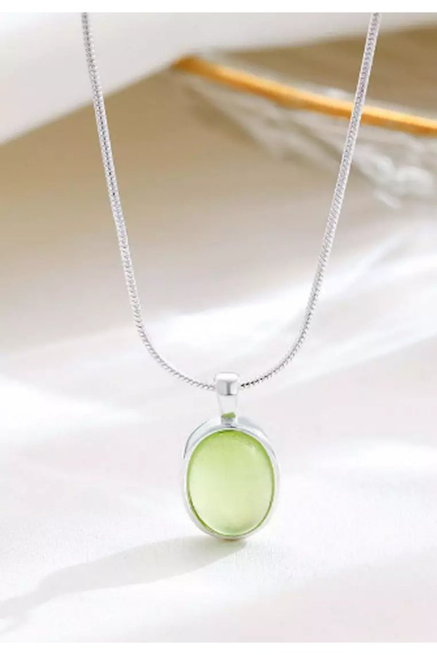 Green Silver Color Opal Oval Stylish Steel Necklace (Green Cat's Eye Opal Necklace)