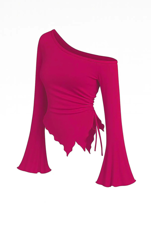 Women's Fuchsia Long Spanish Sleeve Asymmetrical Neck Side Tie Draped Blouse