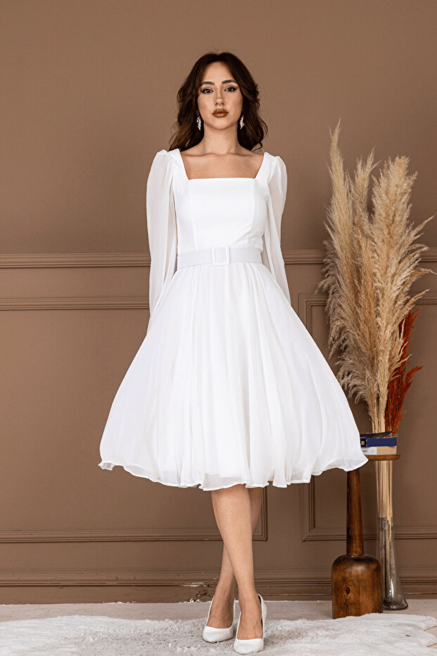 Chiffon Crepe Square Neck Midi Dress - White