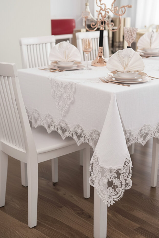 Fransız Güpürlü Masa Örtüsü Seti 26 Parça – Keten Dokulu Polyester, 160x220 cm - 3