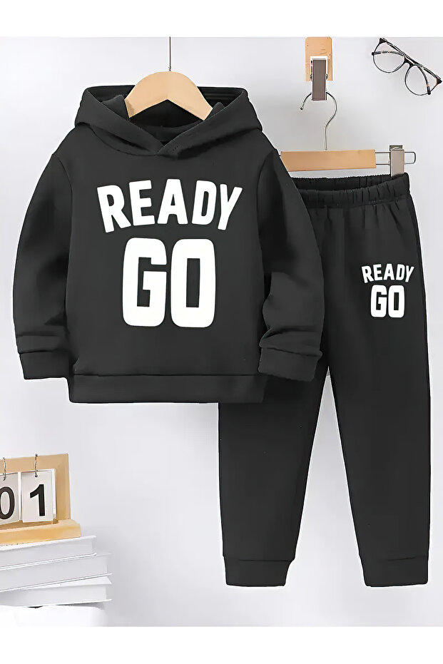طقم ملابس أطفال من القطن بثلاث خيوط مع قميص علوي وسفلي وسترة بغطاء للرأس READY GO