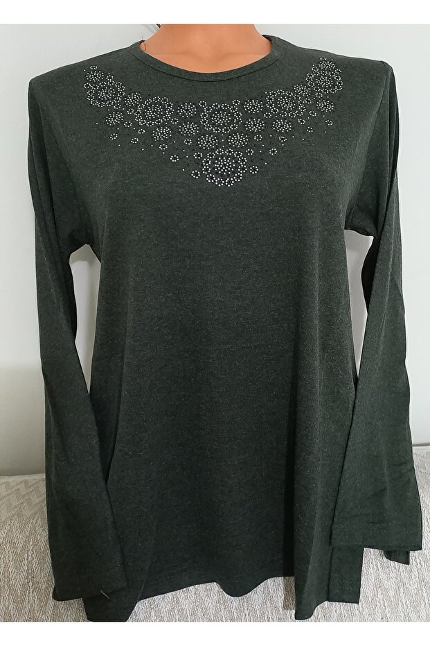 Er Clothing Winter Cotton Blouse Long Sleeve Crew Neck Stone Green