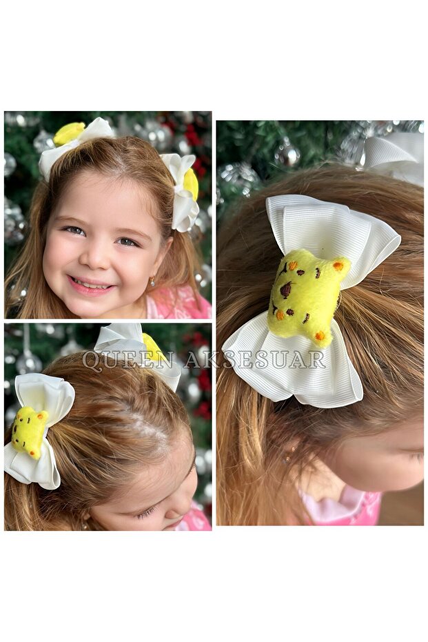 Cute Winnie Plush Teddy Bear with White Bow and Pen, 2-Piece Buckle Set