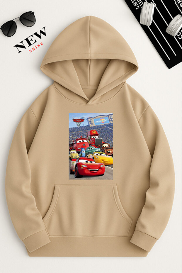 Colorful Cars Printed Hooded Sweatshirt