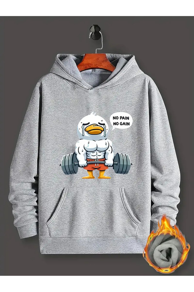 Unisex No Pain No Gain Duck Printed Oversize 100% Cotton Hooded Sweatshirt