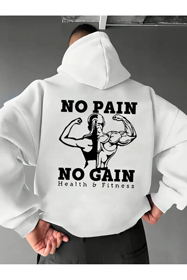 Unisex No Pain No Gain Printed Oversize 100% Cotton Hooded Sweatshirt