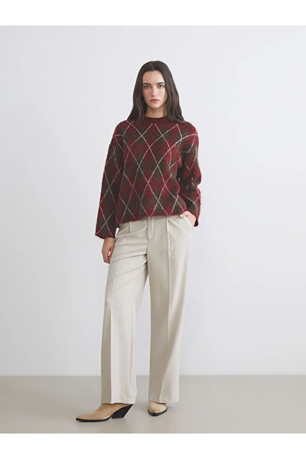 Lcw Vision Red Crew Neck Diamond Pattern Women's Knitwear Sweater