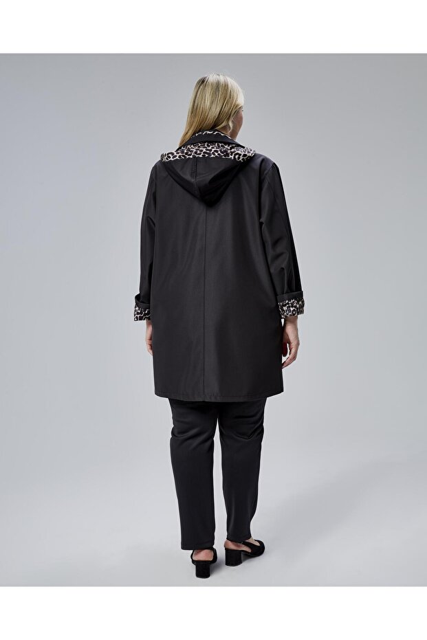 Leopar Detaylı Kapüşonlu Trençkot - Siyah - 7