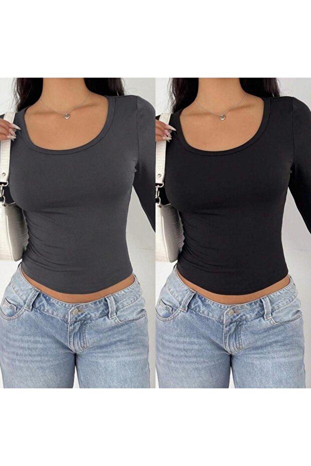 2 Pcs Square Neck Basic Solid Fabric Long Sleeve Lycra Blouse - 1