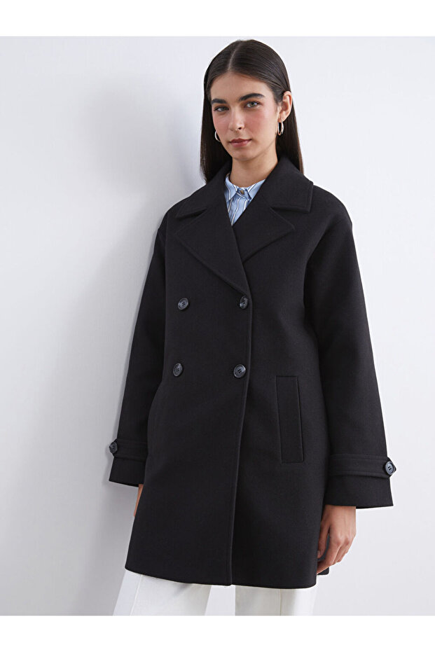 Lcw Modest Black Jacket Collar Women's Stamp Coat