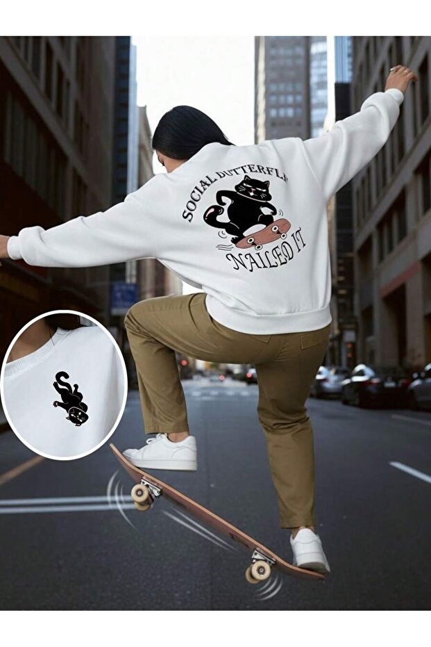 Women's White Social Dutterflf Printed Crew Neck Sweatshirt