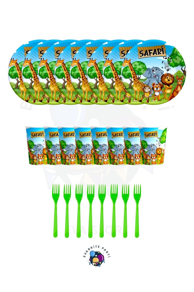 Safari Concept Birthday Party Set for 8 People - Plate, Cup, Fork Set