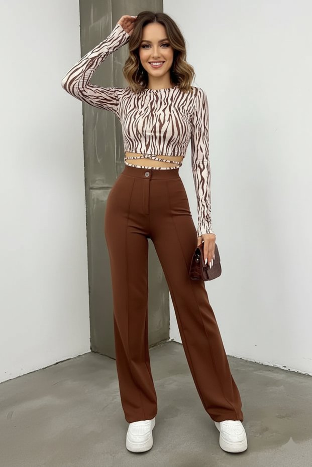Women's High Waist Elastic Ribbed Stitching Crepe Flared Spanish Palazzo Pants